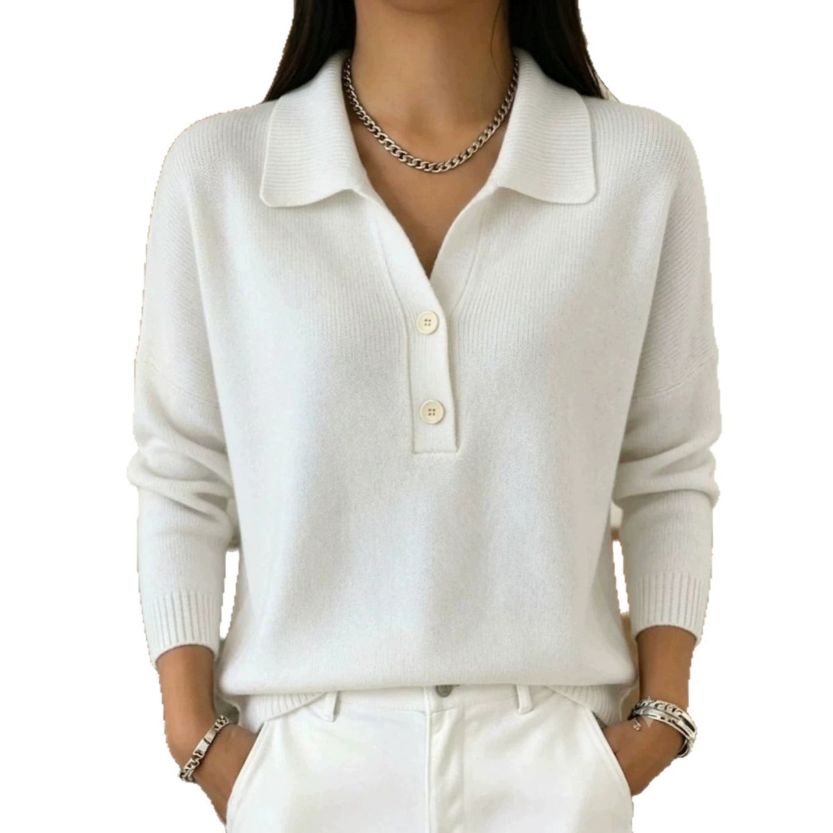 Women 's Polo Collar Knit Sweater Half Button V Neck Solid Color Loose Long Sleeve Elegant Trendy Casual Fall Winter Knit Top - Opxy Luxe
