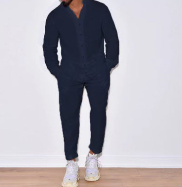 Men's Long Sleeve Suits Solid Color V-neck Pullover Tops And Straight Pants Casual Two Piece Set For Daily Wear Clothing - Opxy Luxe