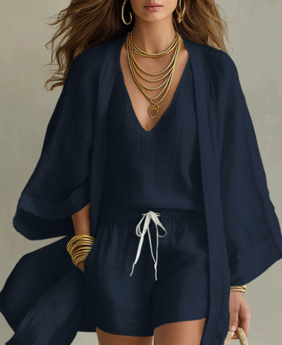3pcs Suits Mid-length Cardigan Sleeveless Vest And Shorts Set Women's Casual Three-piece Outfit For Daily Wear - Opxy Luxe