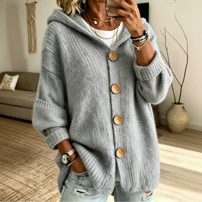 Women's Solid Color Hooded Cardigan Sweater Casual Long Sleeve Button Down Knit Top - Opxy Luxe