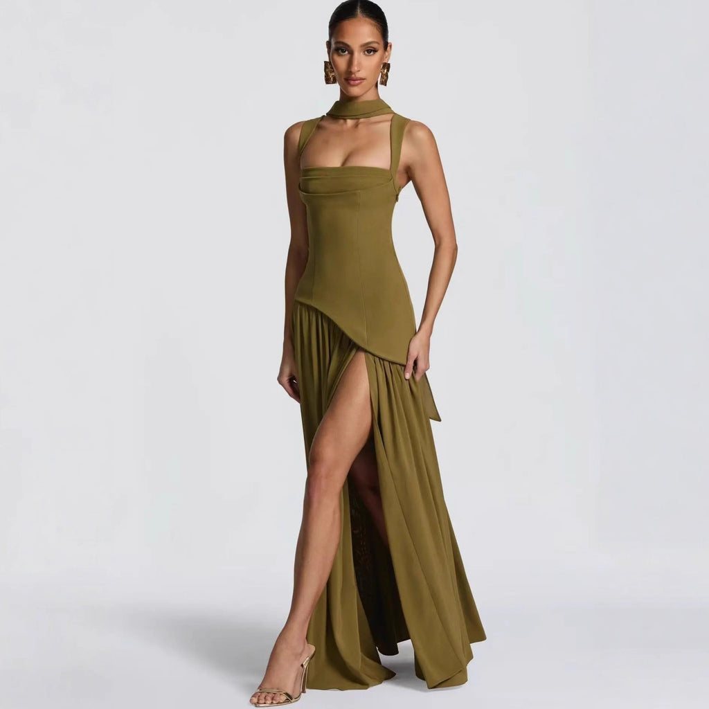 Elegant Olive Green Maxi Dress For Women Summer Flowy Long Dress With Scarf Birthday Party Beach Graduation Dress - Opxy Luxe