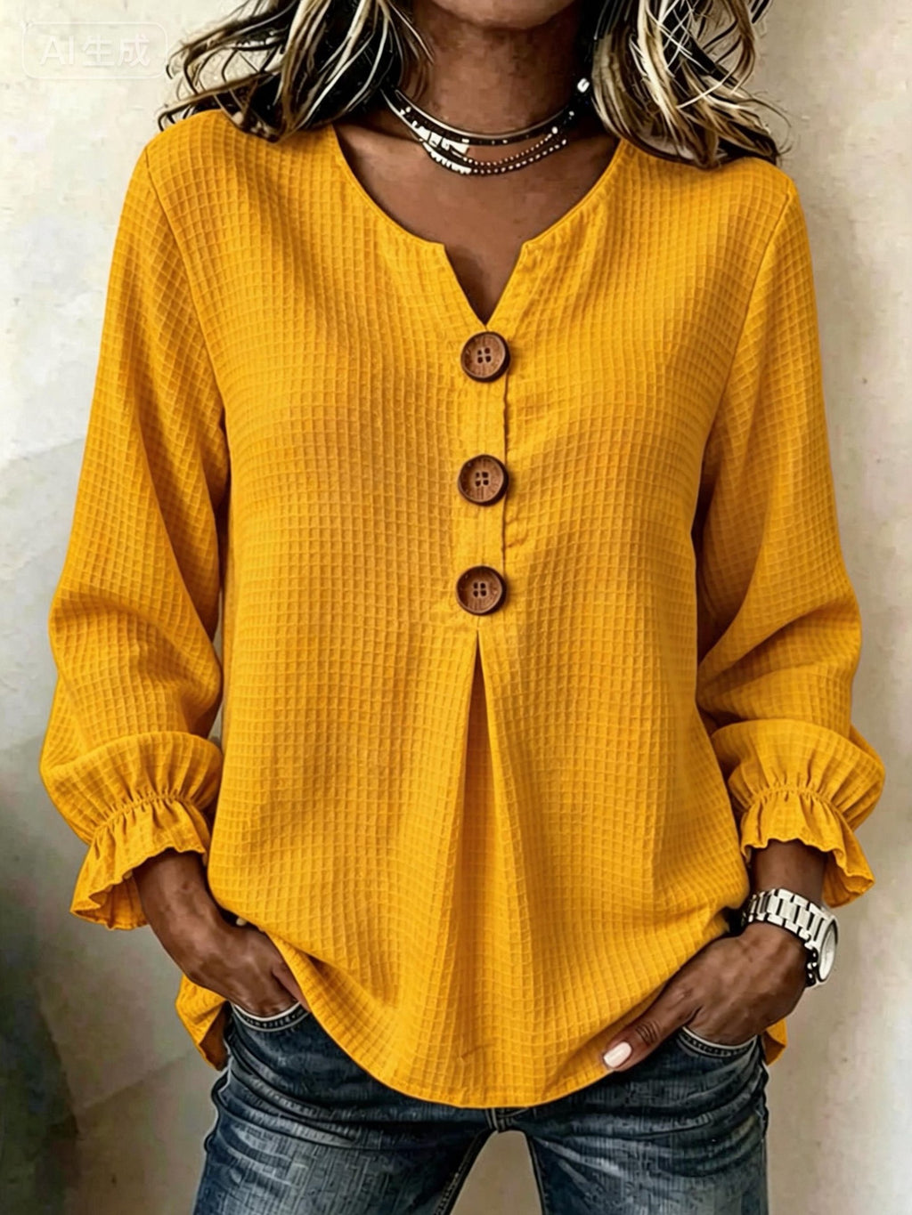Casual Waffle V Neck Blouse Spring Autumn Women Wooden Button Ruffle Cuff Long Sleeve Loose Casual Tops - Opxy Luxe