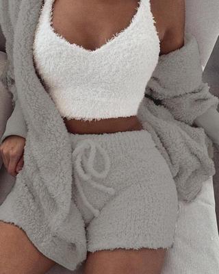 3pcs Womens Clothing Long Sleeve Crop Tank Top And Drawstring Shorts Pajama Set - Opxy Luxe
