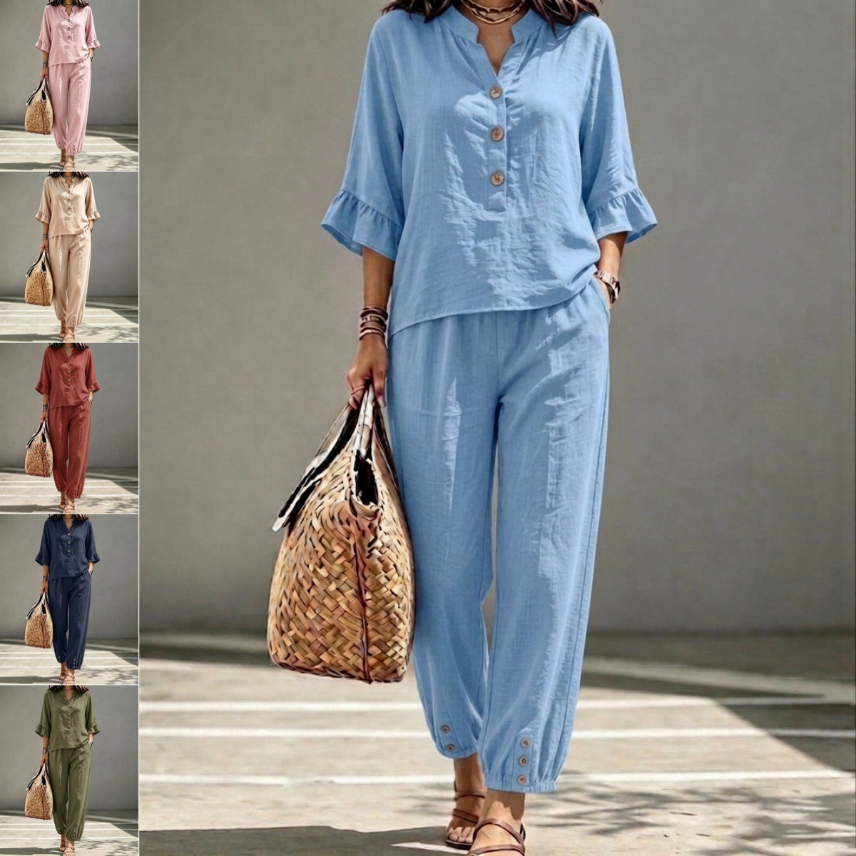 2pcs Set Women's Casual V-neck Collar Button Top Three-quarter-sleeve Top And Cropped Wide Leg Trousers Set Retro Female Office Suit - Opxy Luxe