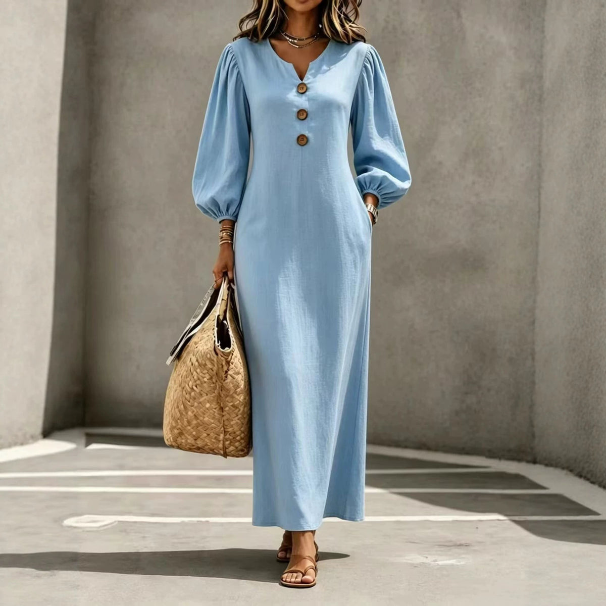 Casual V-neck Buttoned Long Dersses For Women Spring Summer Puff-sleeve A-line Dress For Daily Wear Vacation Outfits - Opxy Luxe