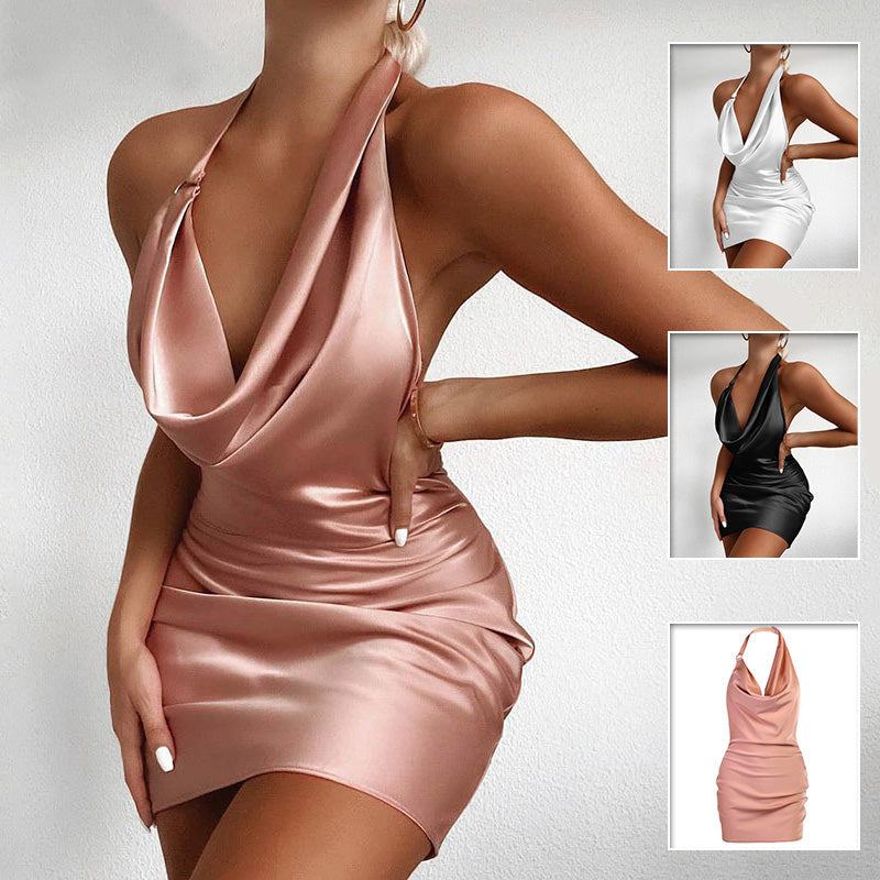 Satin Party Dress V Neck Backless Mini Sleeveless Summer Party Dress - Opxy Luxe