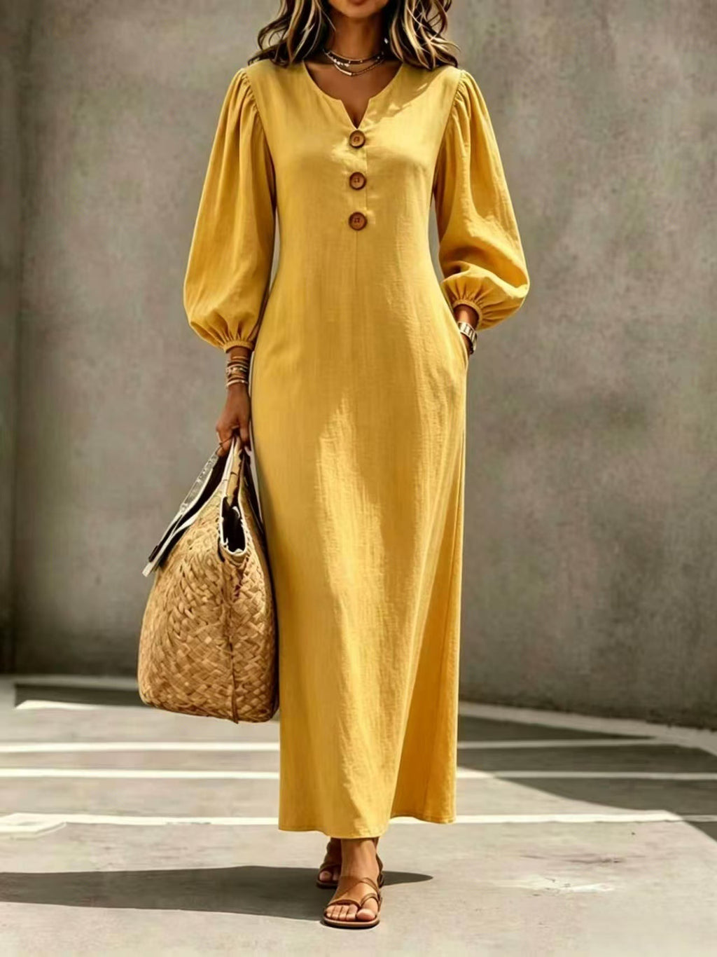 Casual V-neck Buttoned Long Dersses For Women Spring Summer Puff-sleeve A-line Dress For Daily Wear Vacation Outfits - Opxy Luxe
