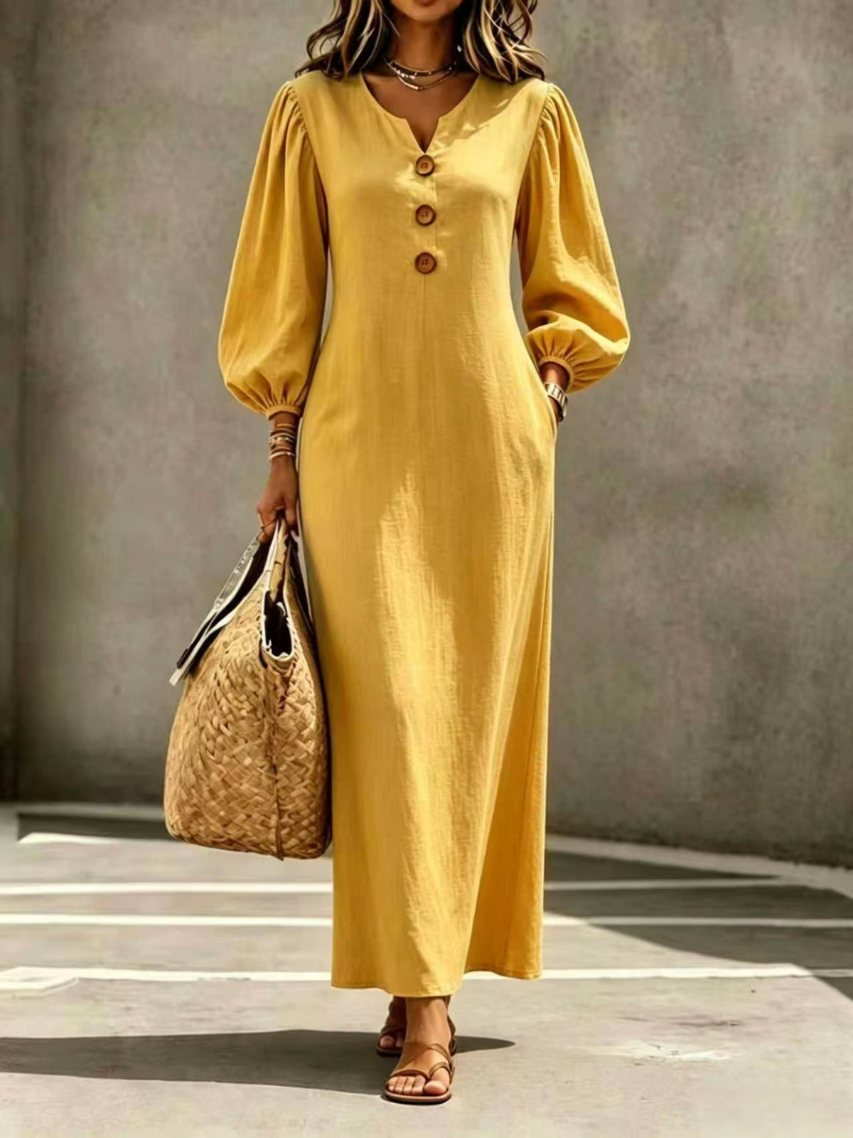 Casual V-neck Buttoned Long Dersses For Women Spring Summer Puff-sleeve A-line Dress For Daily Wear Vacation Outfits - Opxy Luxe