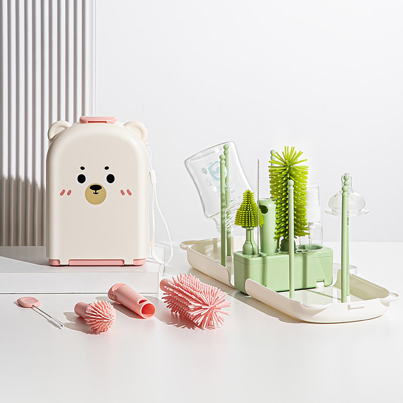 Travel Baby Bottle Brush Set - Newborn Safe Silicone Cleaning Brushes With Storage Box For Bottles, Nipples & Accessories - Opxy Luxe