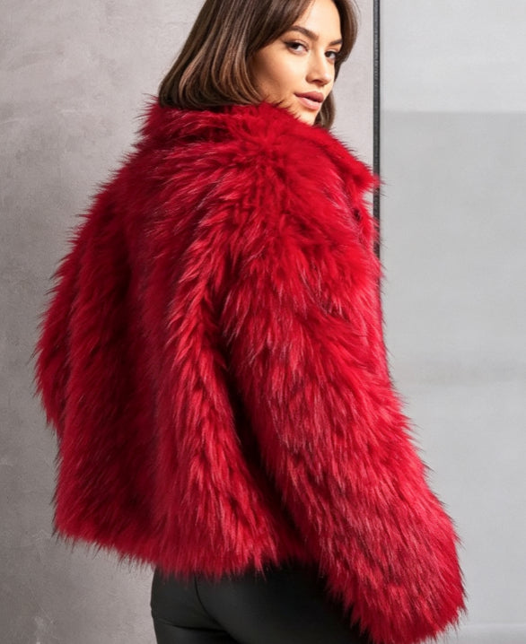 Women Vintage Bright Red Faux Fur Jacket, Loose Wide Collar Cropped Furry Outerwear - Opxy Luxe