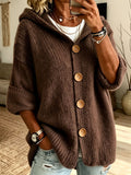 Women's Solid Color Hooded Cardigan Sweater Casual Long Sleeve Button Down Knit Top - Opxy Luxe