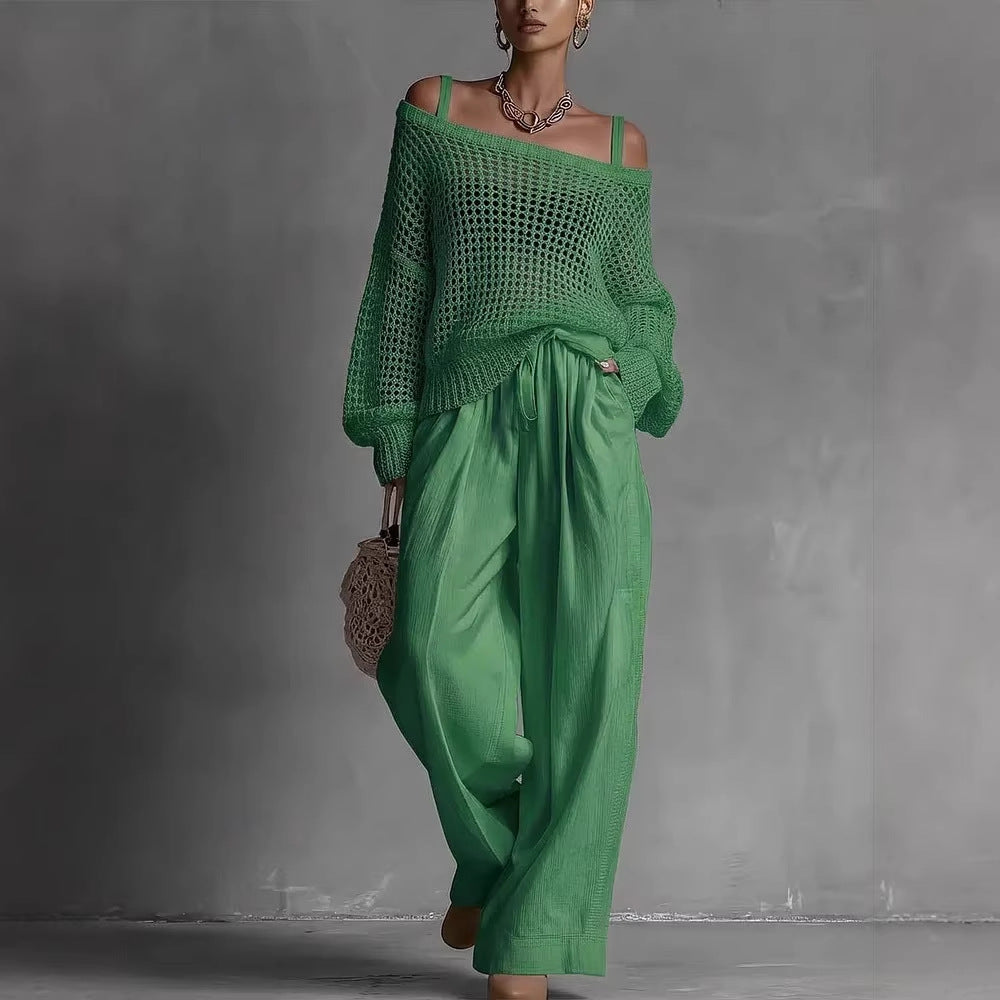 Hollow-Out Knitted Suits Women Loose Pullover Top And Drawstring Straight-leg Pants Casual Two-Piece Set Outfit - Opxy Luxe