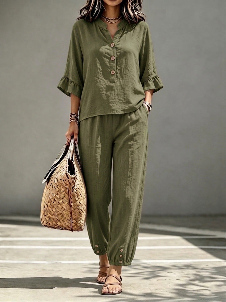 2pcs Set Women's Casual V-neck Collar Button Top Three-quarter-sleeve Top And Cropped Wide Leg Trousers Set Retro Female Office Suit - Opxy Luxe