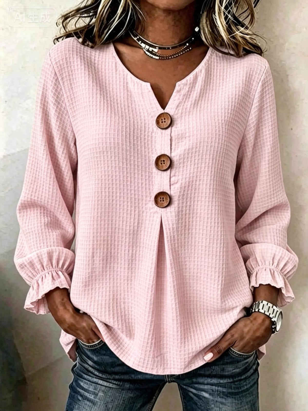 Casual Waffle V Neck Blouse Spring Autumn Women Wooden Button Ruffle Cuff Long Sleeve Loose Casual Tops - Opxy Luxe