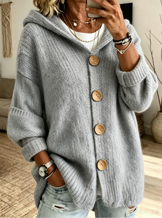 Women's Solid Color Hooded Cardigan Sweater Casual Long Sleeve Button Down Knit Top - Opxy Luxe