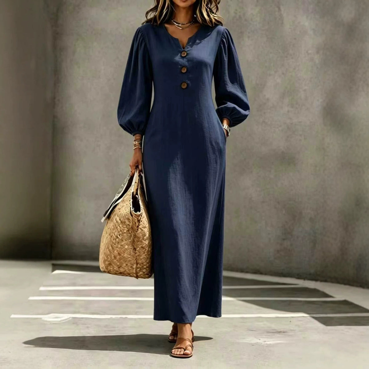 Casual V-neck Buttoned Long Dersses For Women Spring Summer Puff-sleeve A-line Dress For Daily Wear Vacation Outfits - Opxy Luxe