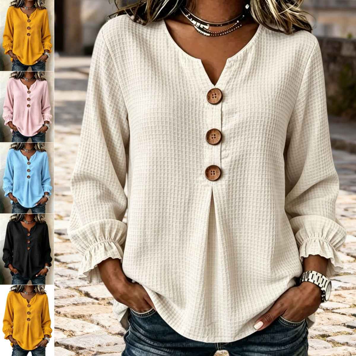 Casual Waffle V Neck Blouse Spring Autumn Women Wooden Button Ruffle Cuff Long Sleeve Loose Casual Tops - Opxy Luxe