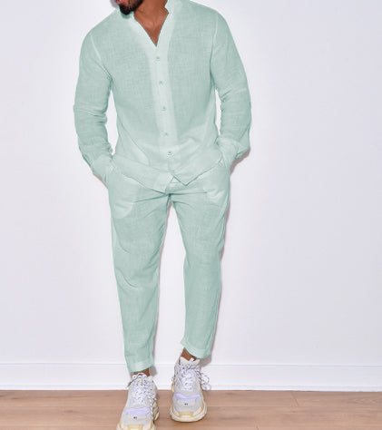 Men's Long Sleeve Suits Solid Color V-neck Pullover Tops And Straight Pants Casual Two Piece Set For Daily Wear Clothing - Opxy Luxe