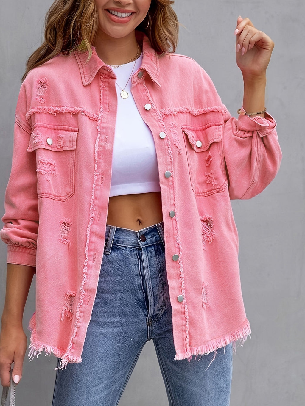 Fashion Ripped Shirt Jacket Female Autumn And Spring Casual Tops Womens Clothing - Opxy Luxe
