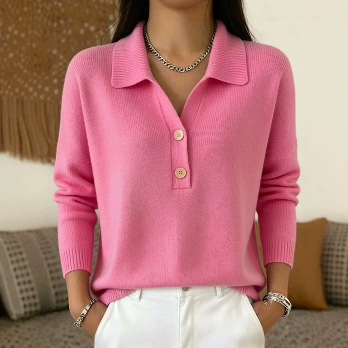 Women 's Polo Collar Knit Sweater Half Button V Neck Solid Color Loose Long Sleeve Elegant Trendy Casual Fall Winter Knit Top - Opxy Luxe
