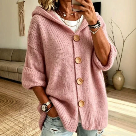 Women's Solid Color Hooded Cardigan Sweater Casual Long Sleeve Button Down Knit Top - Opxy Luxe