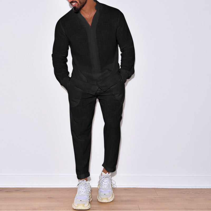 Men's Long Sleeve Suits Solid Color V-neck Pullover Tops And Straight Pants Casual Two Piece Set For Daily Wear Clothing - Opxy Luxe