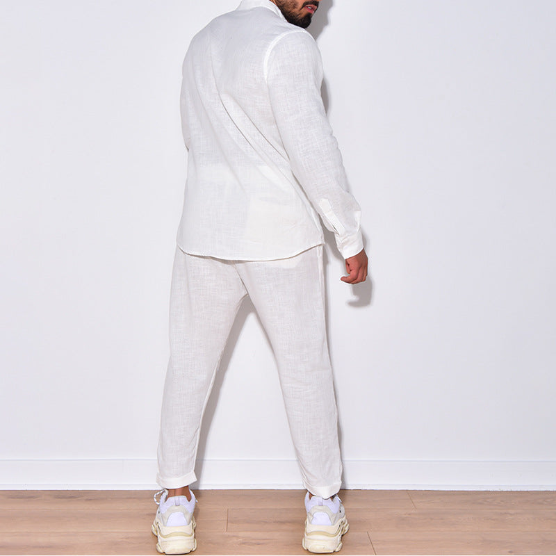 Men's Long Sleeve Suits Solid Color V-neck Pullover Tops And Straight Pants Casual Two Piece Set For Daily Wear Clothing - Opxy Luxe