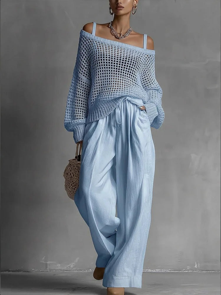 Hollow-Out Knitted Suits Women Loose Pullover Top And Drawstring Straight-leg Pants Casual Two-Piece Set Outfit - Opxy Luxe