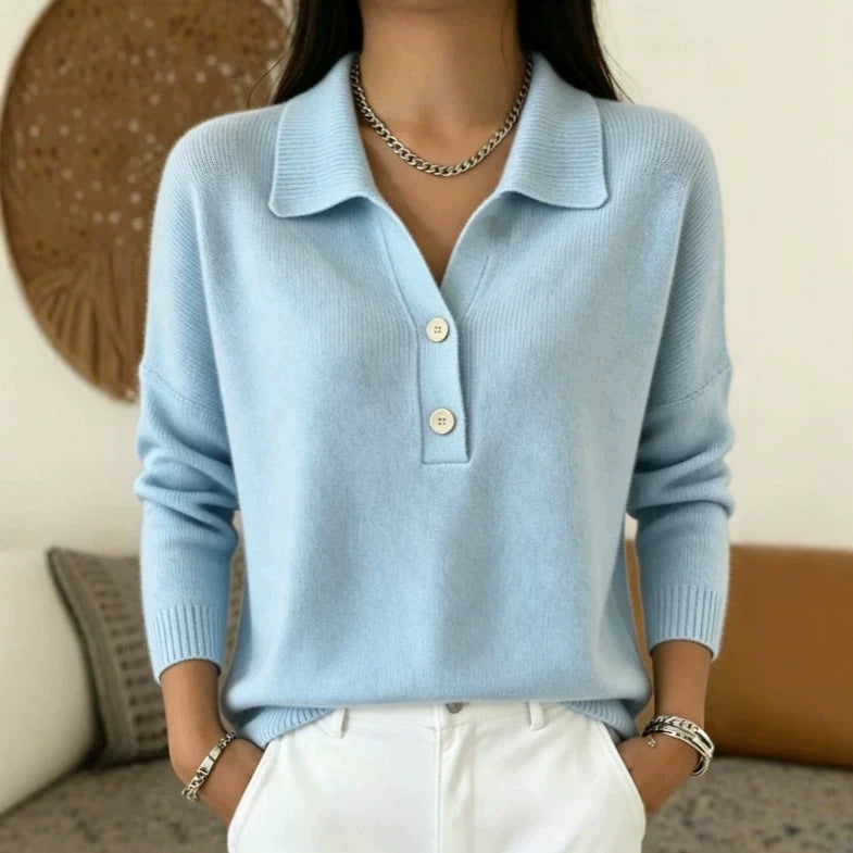 Women 's Polo Collar Knit Sweater Half Button V Neck Solid Color Loose Long Sleeve Elegant Trendy Casual Fall Winter Knit Top - Opxy Luxe