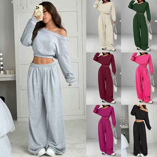 Casual 2-piece Set One-shoulder Long-sleeved Sweatshirt Women's Suit Autumn New Fashion Elastic Waist Tie Loose Sports Trousers