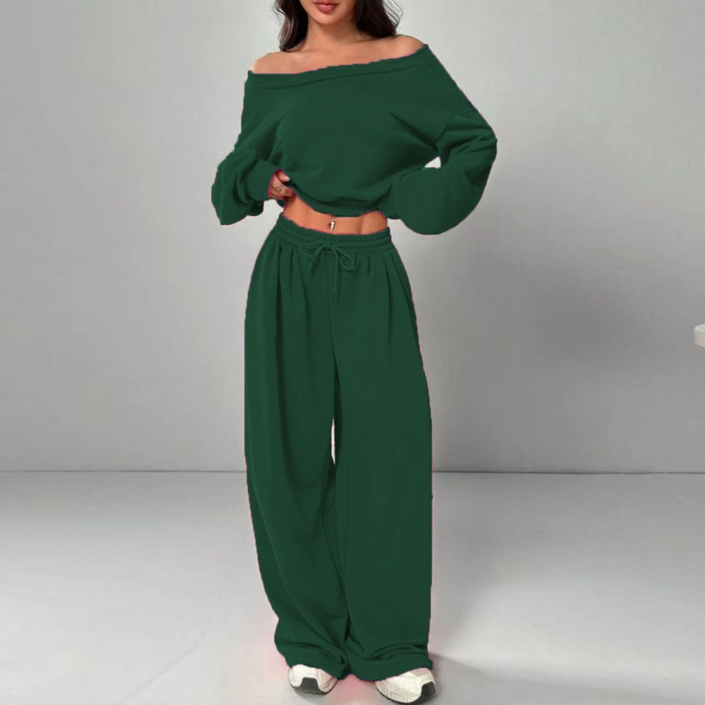 Casual 2-piece Set One-shoulder Long-sleeved Sweatshirt Women's Suit Autumn New Fashion Elastic Waist Tie Loose Sports Trousers - Opxy Luxe