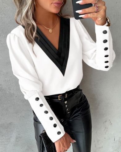 Autumn Fashion V-neck Solid Color Long Sleeve Button Ladies Shirt Blouse - Opxy Luxe