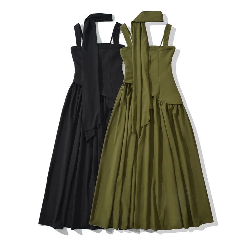 Elegant Olive Green Maxi Dress For Women Summer Flowy Long Dress With Scarf Birthday Party Beach Graduation Dress - Opxy Luxe