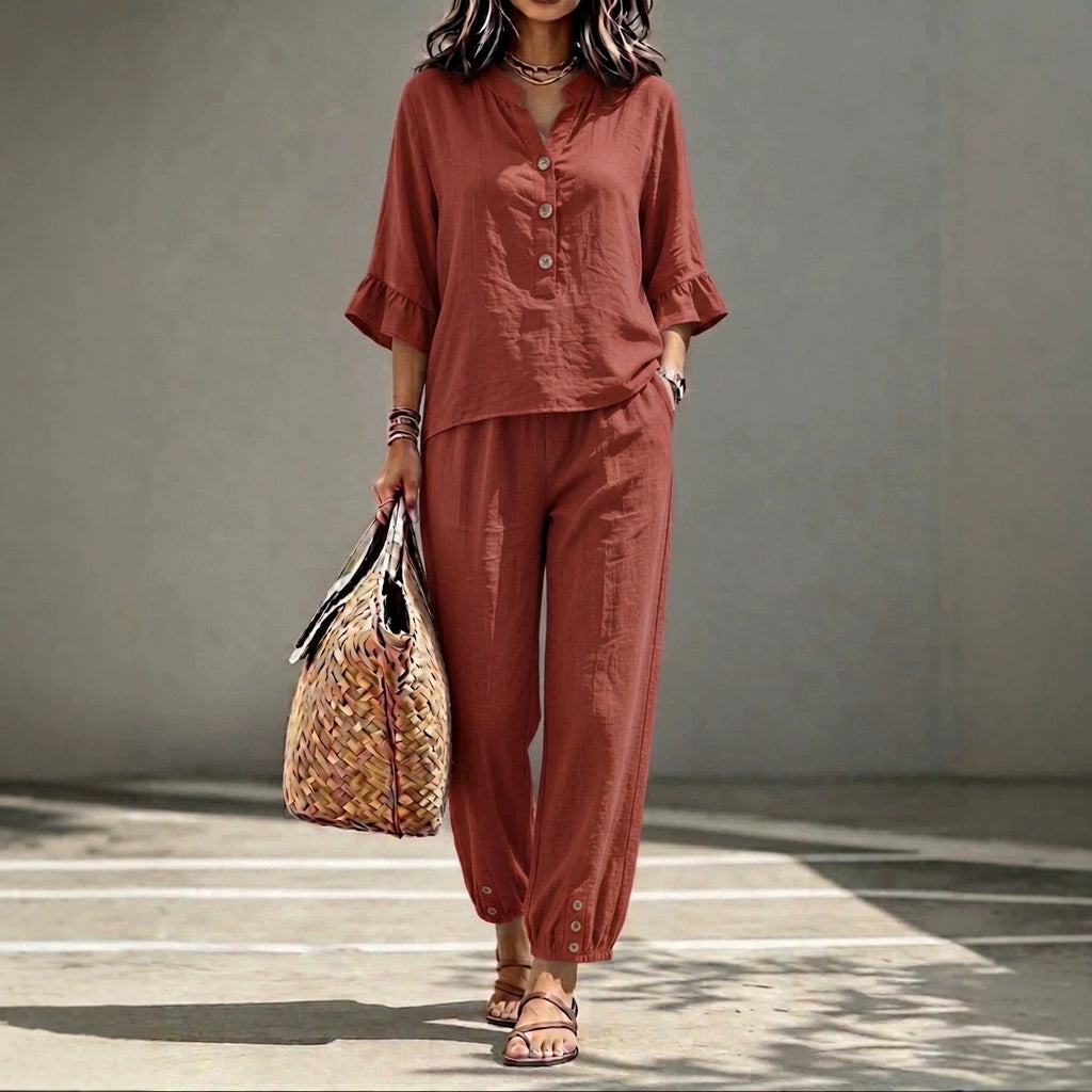 2pcs Set Women's Casual V-neck Collar Button Top Three-quarter-sleeve Top And Cropped Wide Leg Trousers Set Retro Female Office Suit - Opxy Luxe