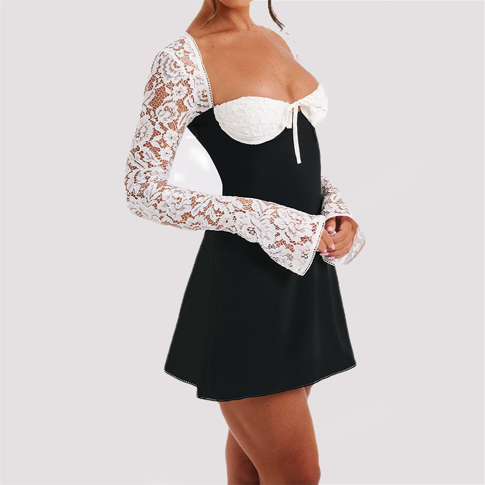 Y2K Lace Long Sleeve Dress Fashion Sexy Corset Backless Lace Up Short Dresses Womens Clothing - Opxy Luxe
