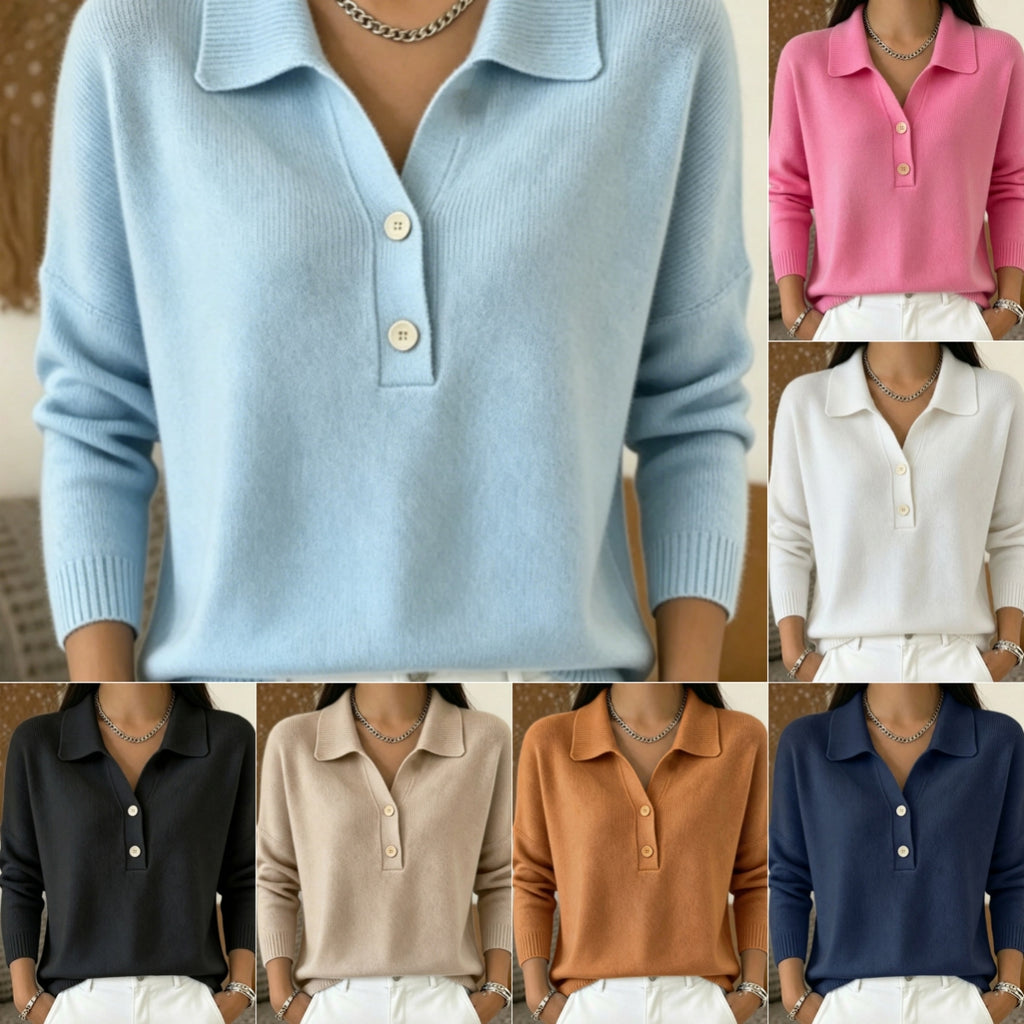 Women 's Polo Collar Knit Sweater Half Button V Neck Solid Color Loose Long Sleeve Elegant Trendy Casual Fall Winter Knit Top - Opxy Luxe