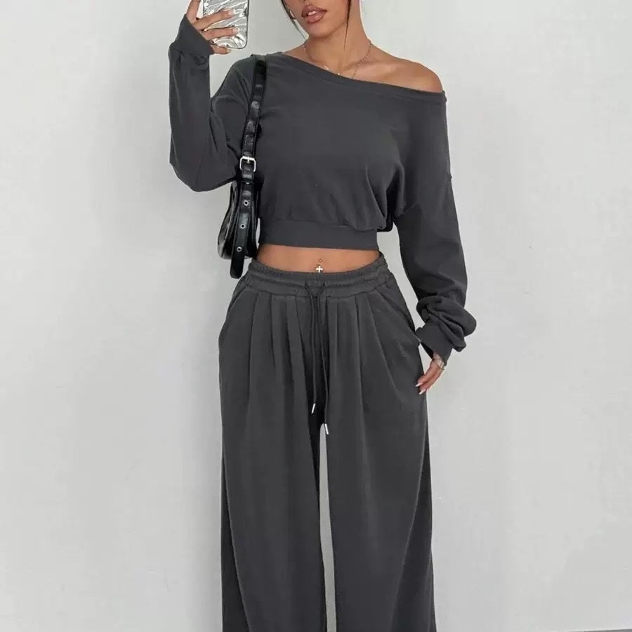Casual 2-piece Set One-shoulder Long-sleeved Sweatshirt Women's Suit Autumn New Fashion Elastic Waist Tie Loose Sports Trousers - Opxy Luxe
