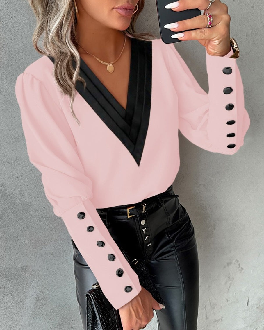Autumn Fashion V-neck Solid Color Long Sleeve Button Ladies Shirt Blouse - Opxy Luxe