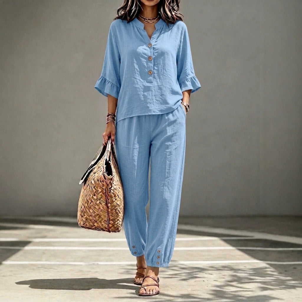 2pcs Set Women's Casual V-neck Collar Button Top Three-quarter-sleeve Top And Cropped Wide Leg Trousers Set Retro Female Office Suit - Opxy Luxe