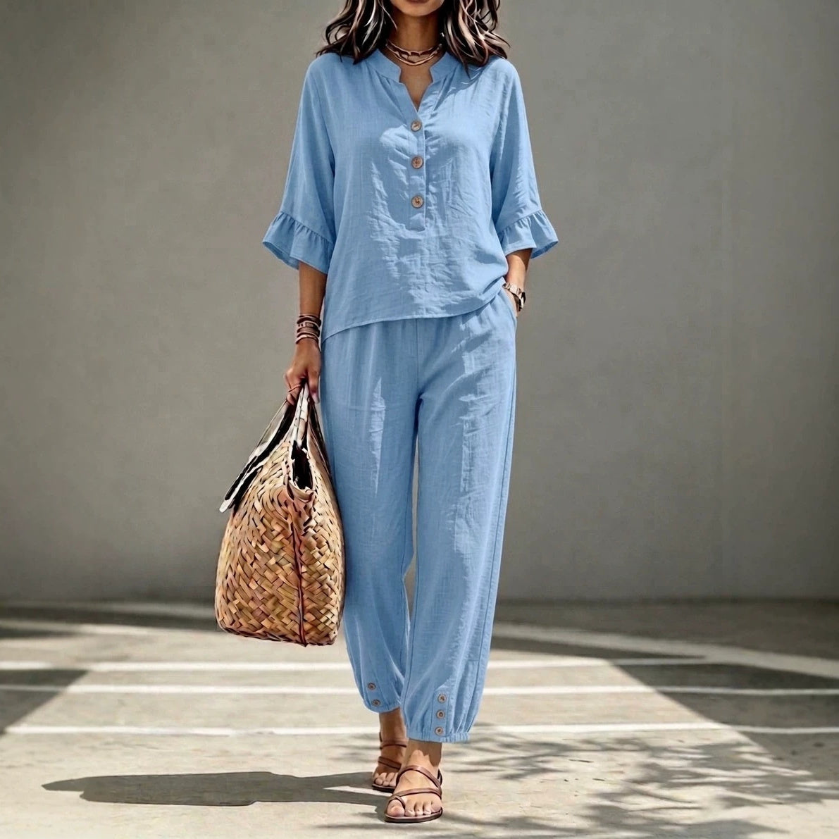 2pcs Set Women's Casual V-neck Collar Button Top Three-quarter-sleeve Top And Cropped Wide Leg Trousers Set Retro Female Office Suit - Opxy Luxe