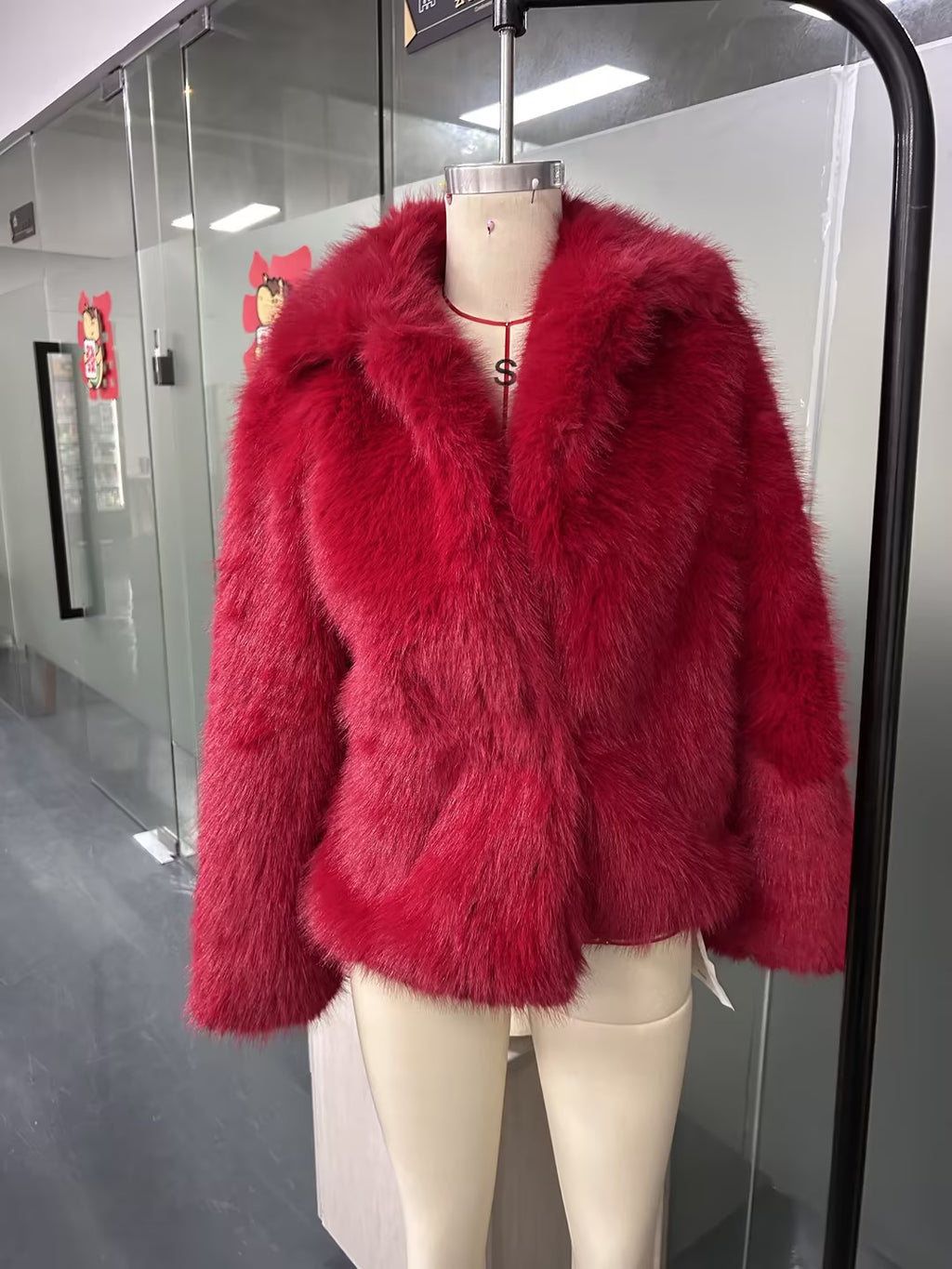 Women Vintage Bright Red Faux Fur Jacket, Loose Wide Collar Cropped Furry Outerwear - Opxy Luxe