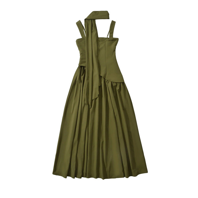 Elegant Olive Green Maxi Dress For Women Summer Flowy Long Dress With Scarf Birthday Party Beach Graduation Dress - Opxy Luxe