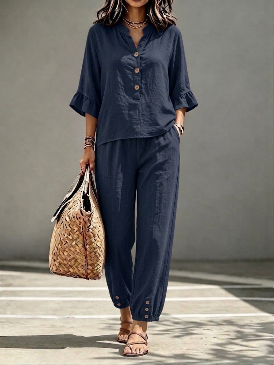 2pcs Set Women's Casual V-neck Collar Button Top Three-quarter-sleeve Top And Cropped Wide Leg Trousers Set Retro Female Office Suit - Opxy Luxe
