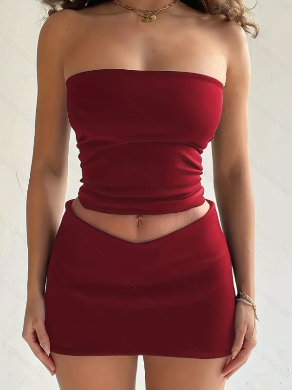 Summer Skirt Suits Slim Strapless Top And Short Skirt Women's Sexy Two-piece Set - Opxy Luxe