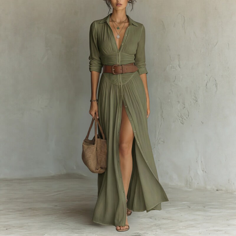 Women's Casual V-Neck Long Dress with High Side Split - Versatile Loose Fit Maxi Gown for Daily Wear - Opxy Luxe