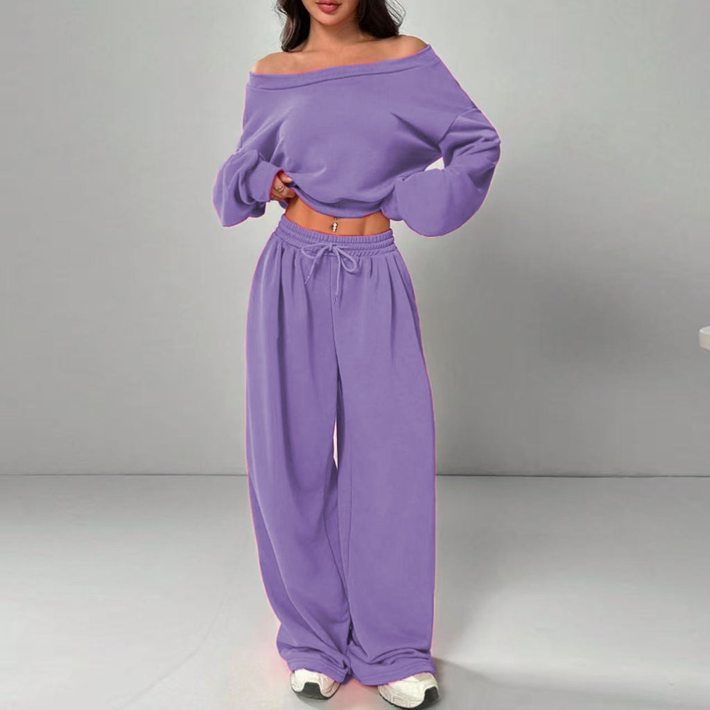 Casual 2-piece Set One-shoulder Long-sleeved Sweatshirt Women's Suit Autumn New Fashion Elastic Waist Tie Loose Sports Trousers - Opxy Luxe