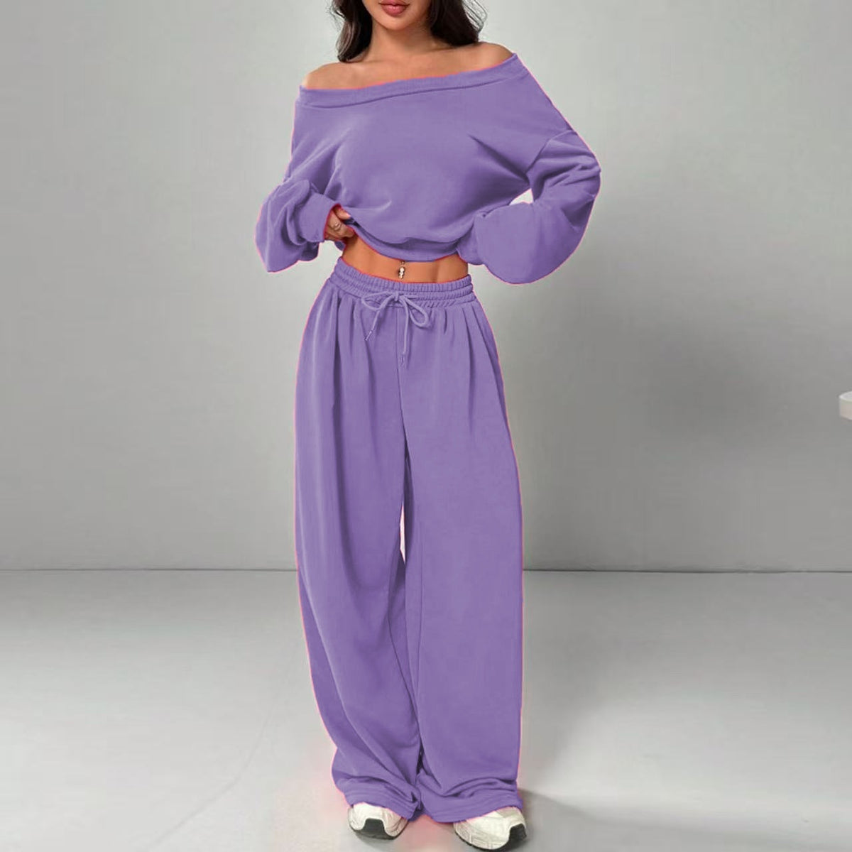 Casual 2-piece Set One-shoulder Long-sleeved Sweatshirt Women's Suit Autumn New Fashion Elastic Waist Tie Loose Sports Trousers - Opxy Luxe