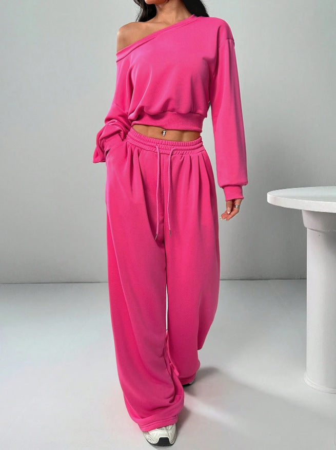 Casual 2-piece Set One-shoulder Long-sleeved Sweatshirt Women's Suit Autumn New Fashion Elastic Waist Tie Loose Sports Trousers - Opxy Luxe