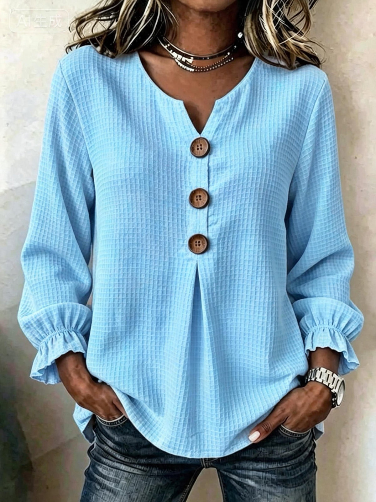 Casual Waffle V Neck Blouse Spring Autumn Women Wooden Button Ruffle Cuff Long Sleeve Loose Casual Tops - Opxy Luxe