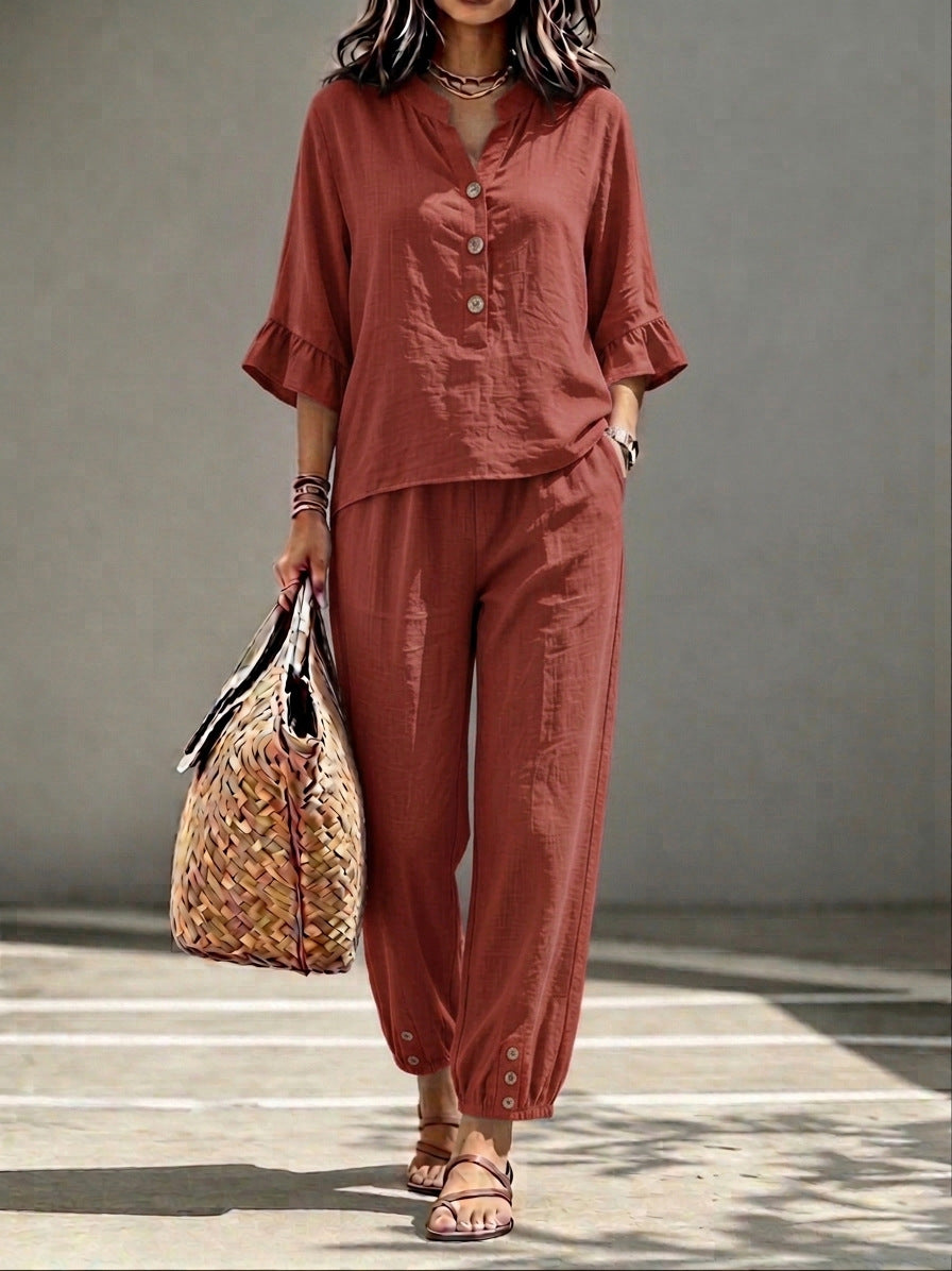 2pcs Set Women's Casual V-neck Collar Button Top Three-quarter-sleeve Top And Cropped Wide Leg Trousers Set Retro Female Office Suit - Opxy Luxe